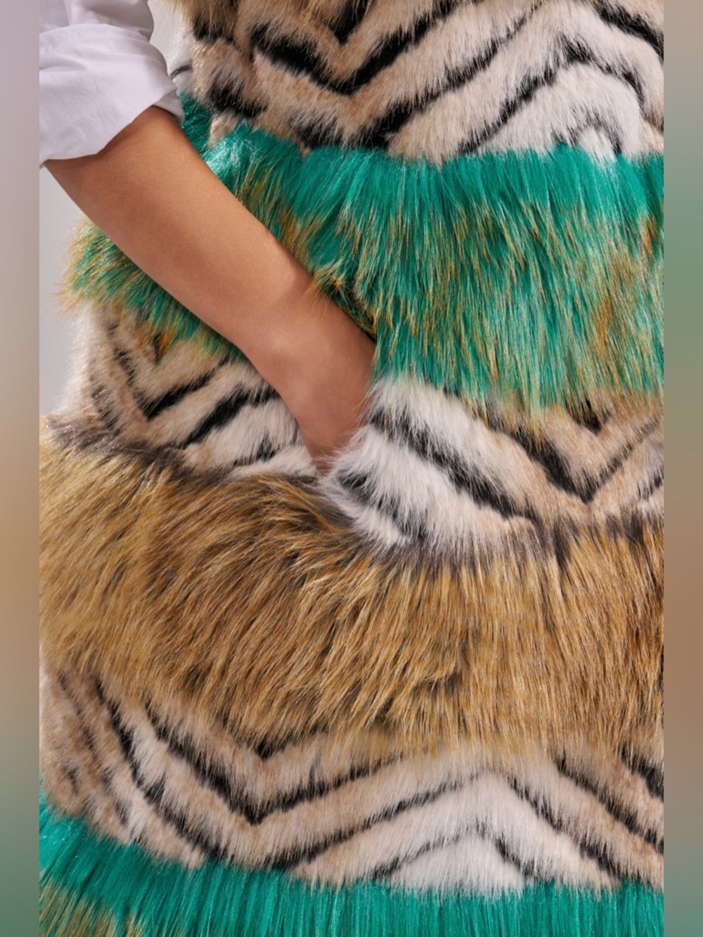 AKIRA Multi-Color Faux Fur Long Vest with Teal Accents - Picture 7 of 7